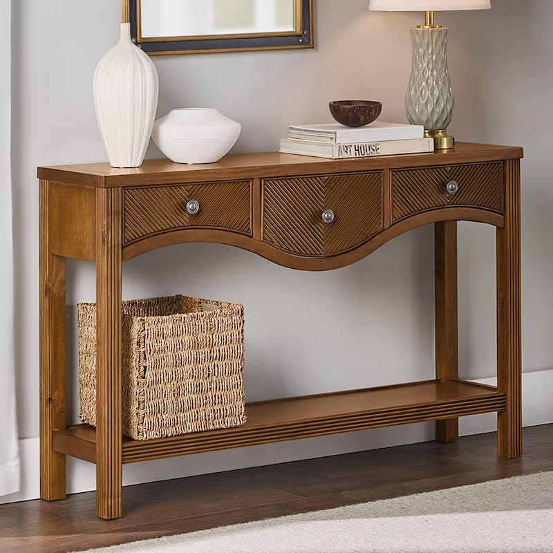 52 Inch Fluted Wood Console Table with 3 Drawers and Solid Wood Legs for Living Room Entryway Decor