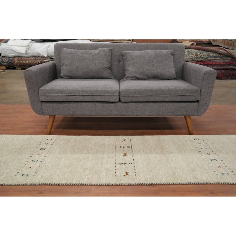 Hand Knotted Oriental 100% Wool Carpet Tribal Animal Pictorial Beige & Ivories Gabbeh Runner Rug - 9' 9'' X 2' 6''