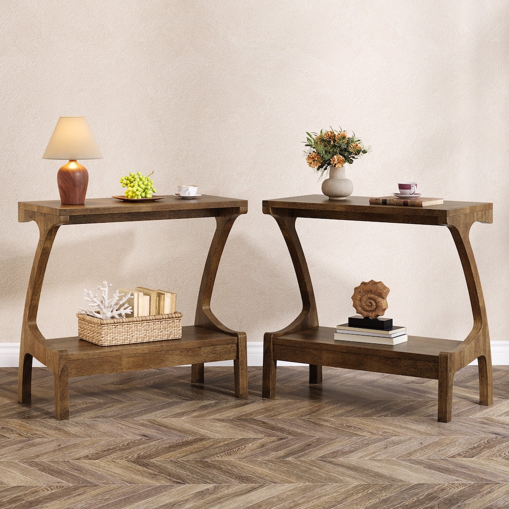 Solid Wood End Table Set of 2, Sofa Side Table with 2-Tier Storage
