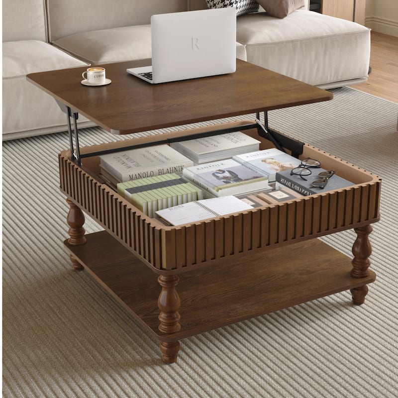 31.5 Inch Square Fluted Lift-Top Coffee Table with Hidden & Open Storage