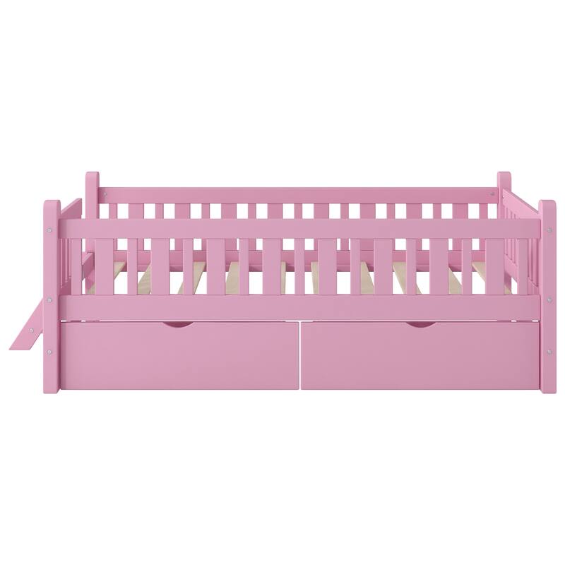 Low Twin Platform with 2 Drawers & Guardrails for Kids Room