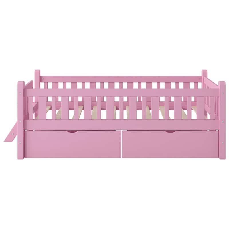 Wood Low Loft Bed Storage Platform Bed with Guardrail and 2 Drawers