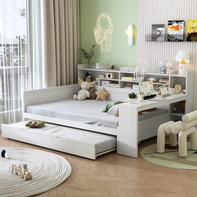 Wooden Daybed with Study Desk and Twin Size Trundle, Twin/Full Size Daybed Frame Sofa Bed with Storage Shelves