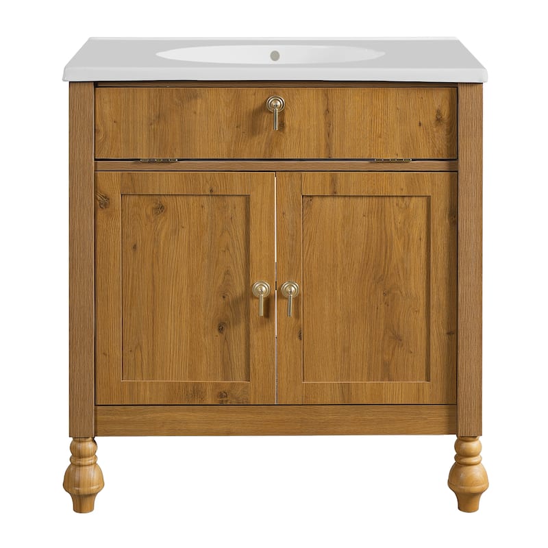 30" Flip-Up Storage Walnut Bathroom Vanity with Seashell Resin Sink