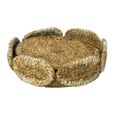 Set of 4 Seagrass Coasters w/ Holder - A - Natural & White