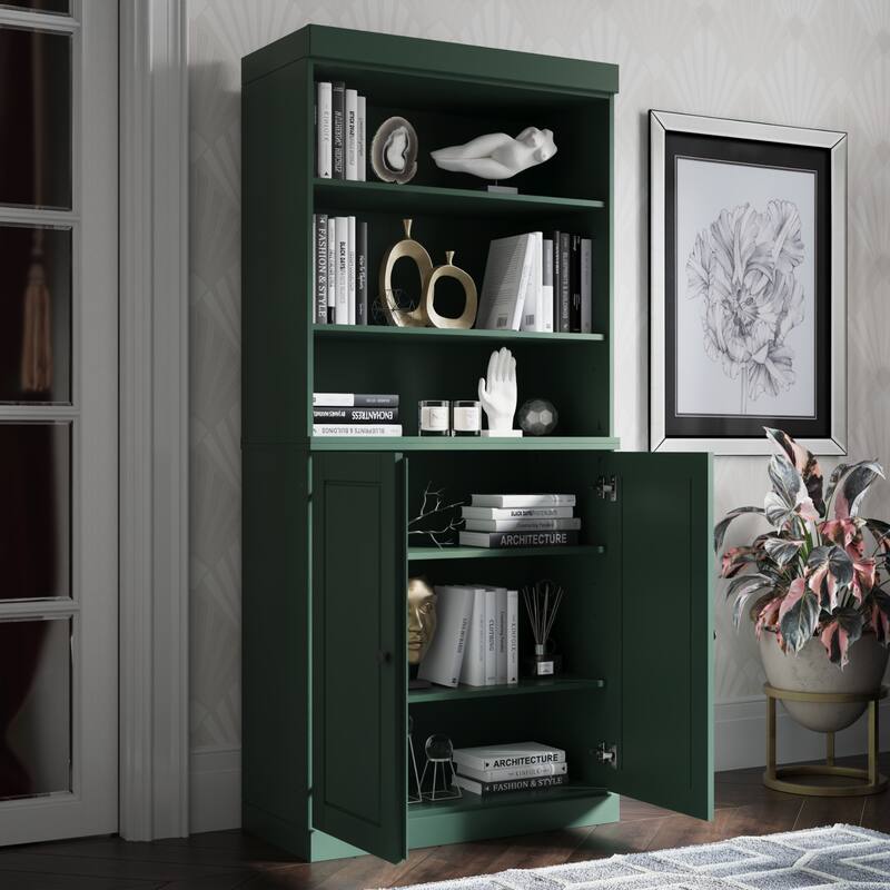 Palace Imports Solid Wood 6-Shelf Bookcase, Raised Panel Doors, Adjustable Shelves - Green