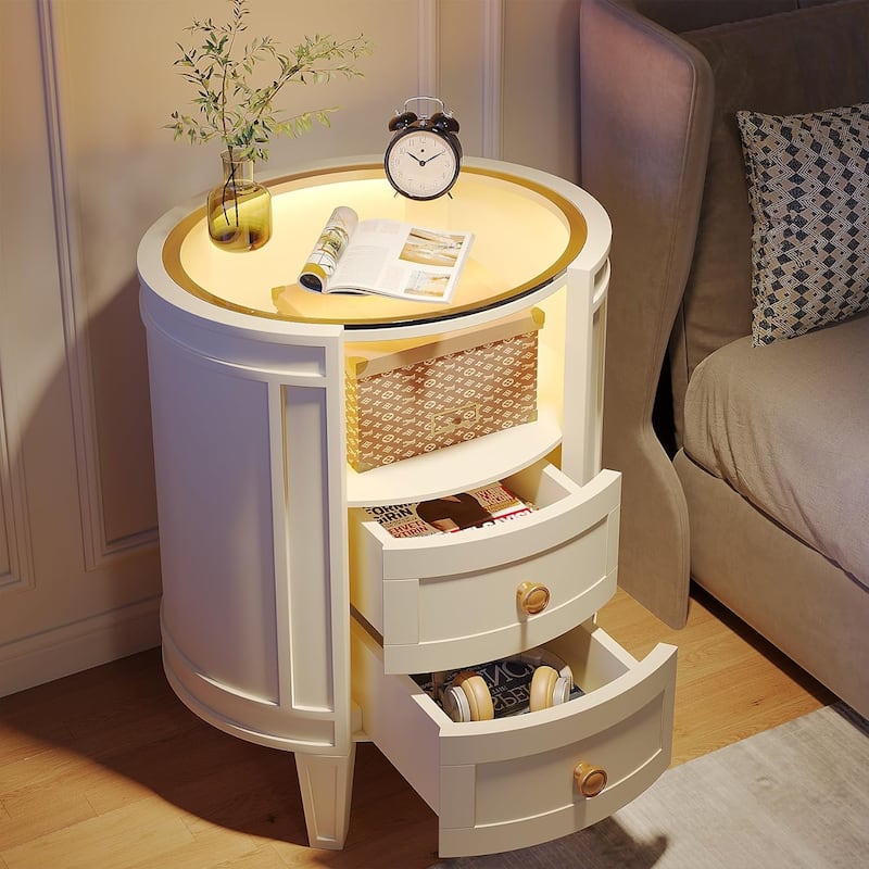 Oval White Nightstand Bedside Table with 2 Drawers and Light