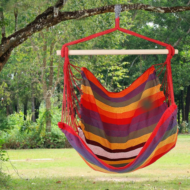 Cotton Canvas Swing Seat Hanging Hammock Chair with Pillows and Wooden Bar for Indoor or Outdoor - 39” x 51”