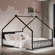 preview thumbnail 37 of 46, House Bed with Roof and Colorful Lights, House-shaped Frame Floor Bed with House Roof Frame, Metal Bed Frame with Slats and Legs Black - Full