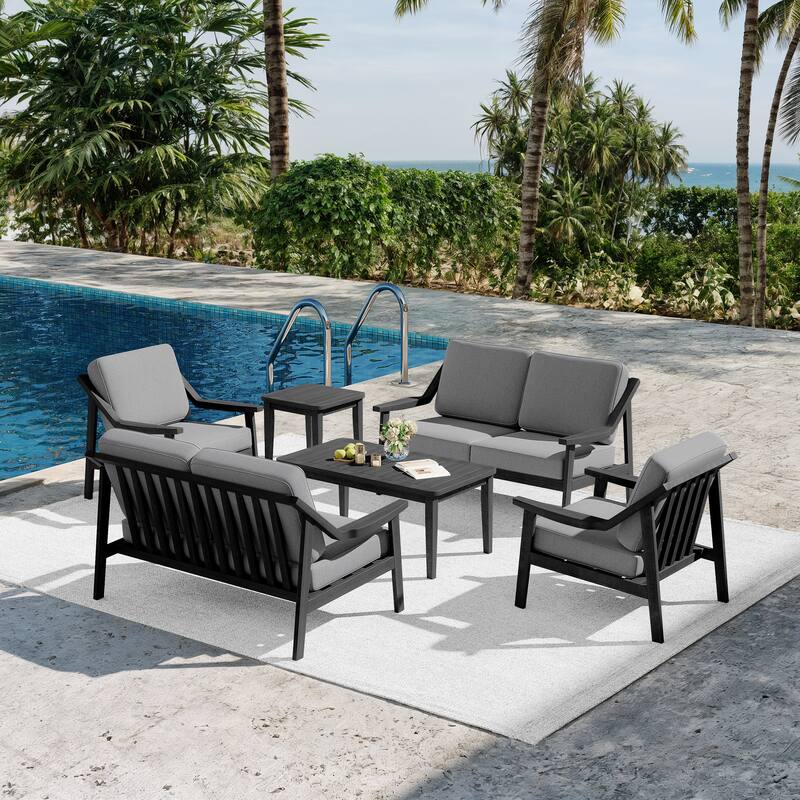 6-piece Adirondack Teak Patio Armchairs Loveseat Seating Conversation Set