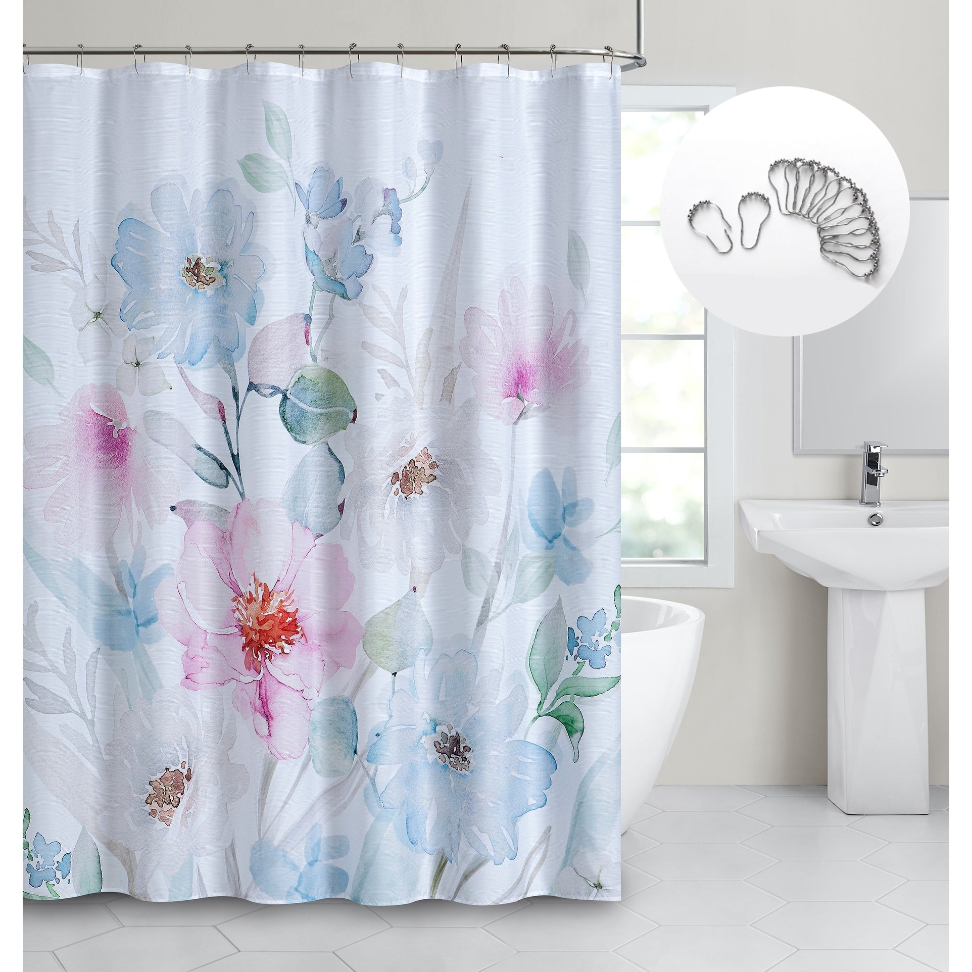 Dainty Home Spring Bloom 3D Textured Fabric Shower Curtain with 12 Metal Rollerball Hooks, 70" x 72"