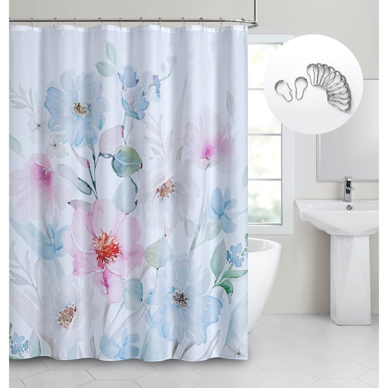 Dainty Home Spring Bloom 3D Textured Fabric Shower Curtain with 12 Metal Rollerball Hooks, 70" x 72"
