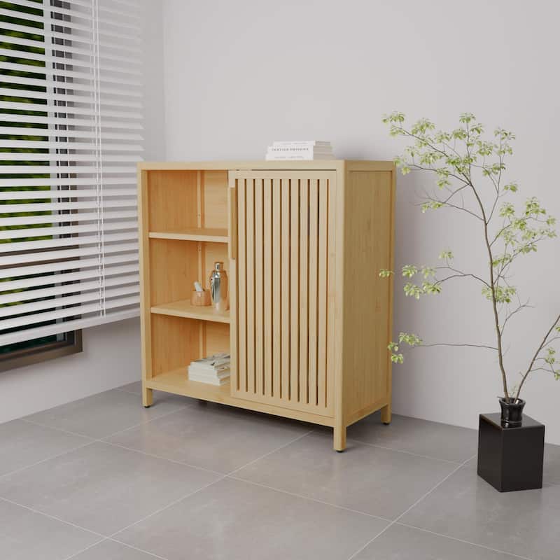 Bamboo Storage Cabinet with Doors and Open Shelves, Narrow Freestanding Accent Cabinet Bathroom High Cabinet