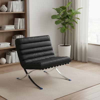 HomeRoots 29" Black and Silver Tufted Leather and Upholstered Folding Lounge Chair - 29.30 in. x 28.00 in. x 29.30 in.