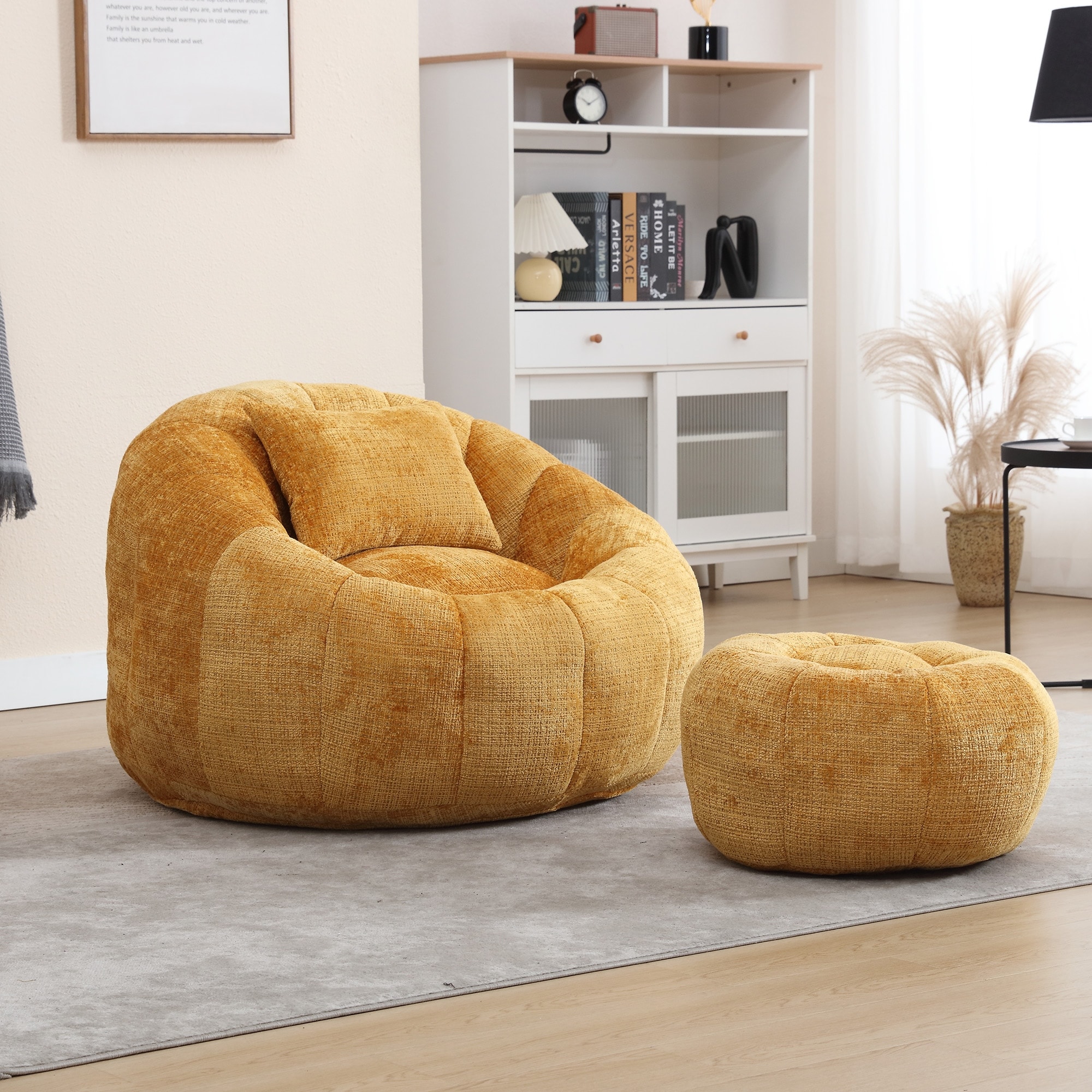 HOMEFUN Chenille Upholstered Round Lazy Cozy Bean Bag Chair with Ottoman and a Pillow Mustard