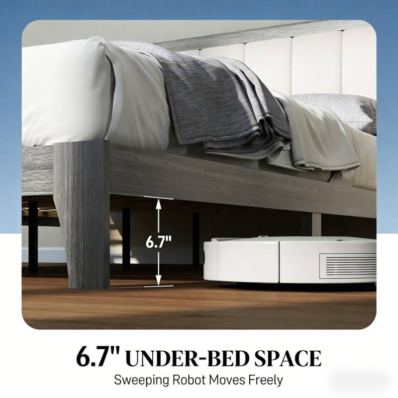 Rubber Wood Platform Bed Frame with Linen Fabric Upholstered Headboard/Adjustable Feet/No Box Spring Needed/Easy Assembly - Gray