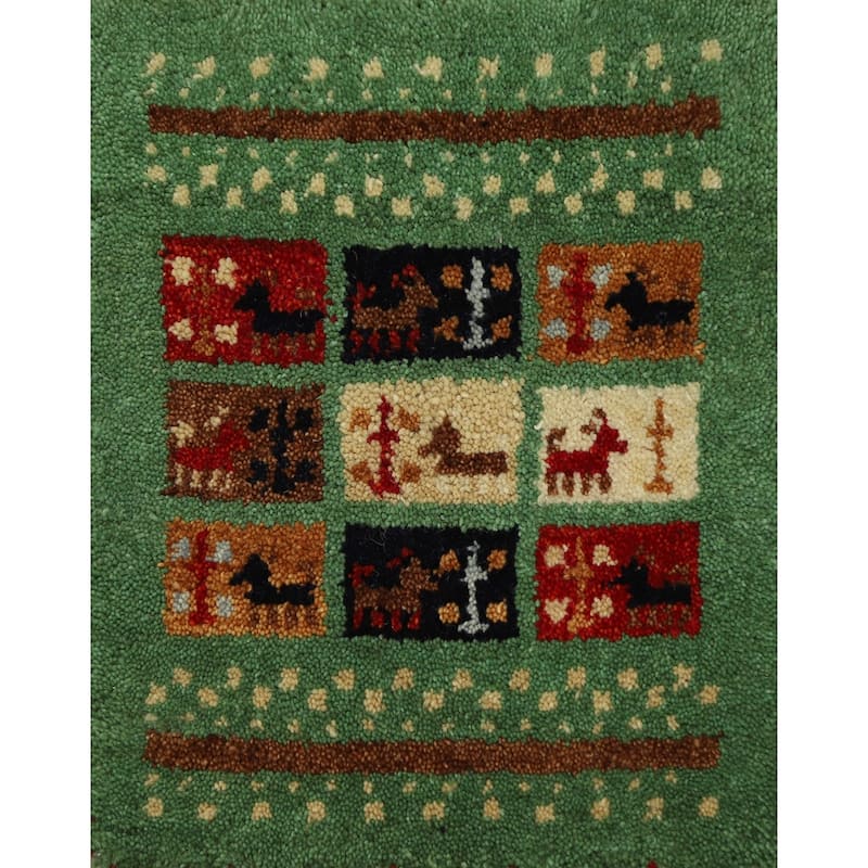 Hand Knotted Oriental 100% Wool Carpet Tribal Animal Pictorial Green Gabbeh Area Rug - 1' 4'' X 1' 4''