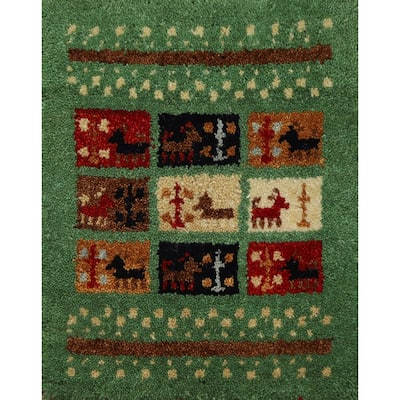 Hand Knotted Oriental 100% Wool Carpet Tribal Animal Pictorial Green Gabbeh Area Rug - 1' 4'' X 1' 4''