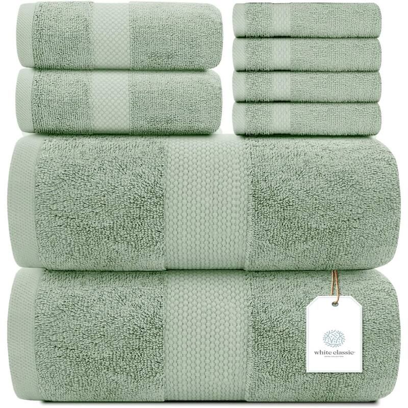 White Classic Luxury Cotton 8Pc Multi Size Towel Set [2 Bath Towels, 2 Hand Towels, 4 Washcloths] - Green