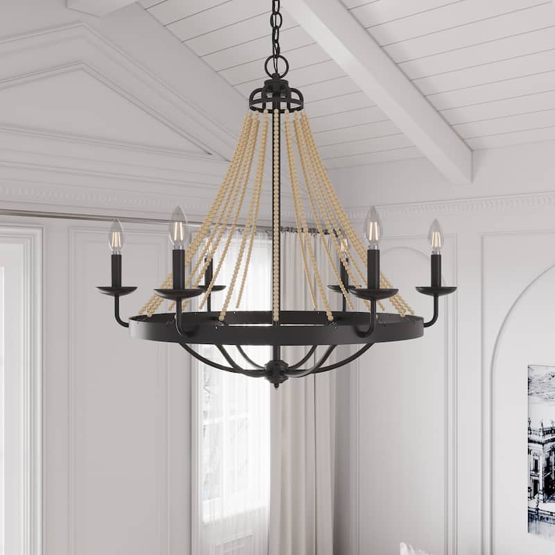 Matte Black Farmhouse Candle Chandelier with Wood Beads Design