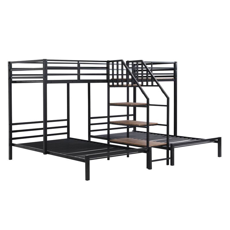 Metal Twin Over Twin & Twin Bunk Bed with Staircase Storage Shelves, Triple Bunk Design