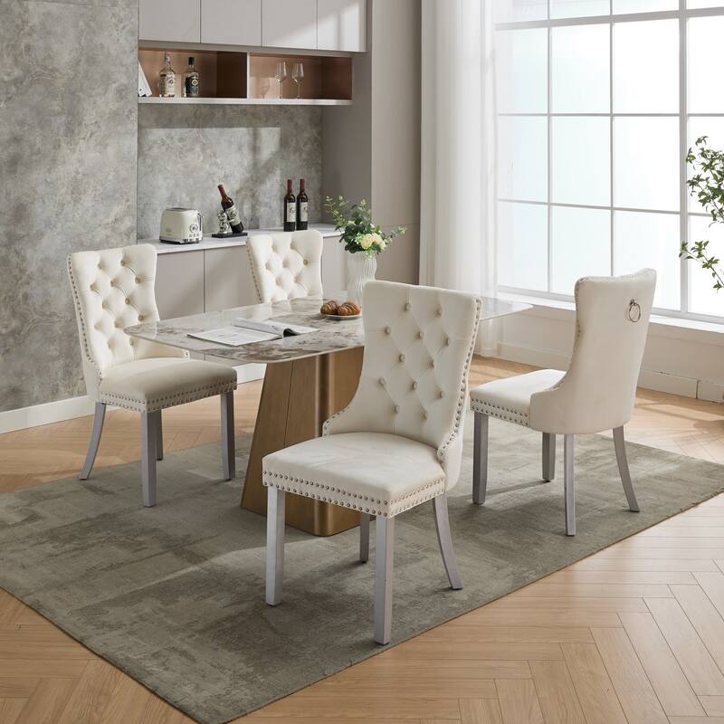High-end Tufted Solid Wood Contemporary Velvet Upholstered Dining Chair with Wood Legs Nailhead Trim 2-Pcs Set