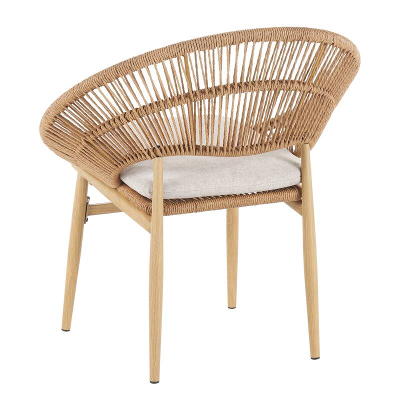 Roomfitters Cyril Outdoor Wicker Papasan Dining Chairs with Teak Finish Legs, Light Brown and Beige