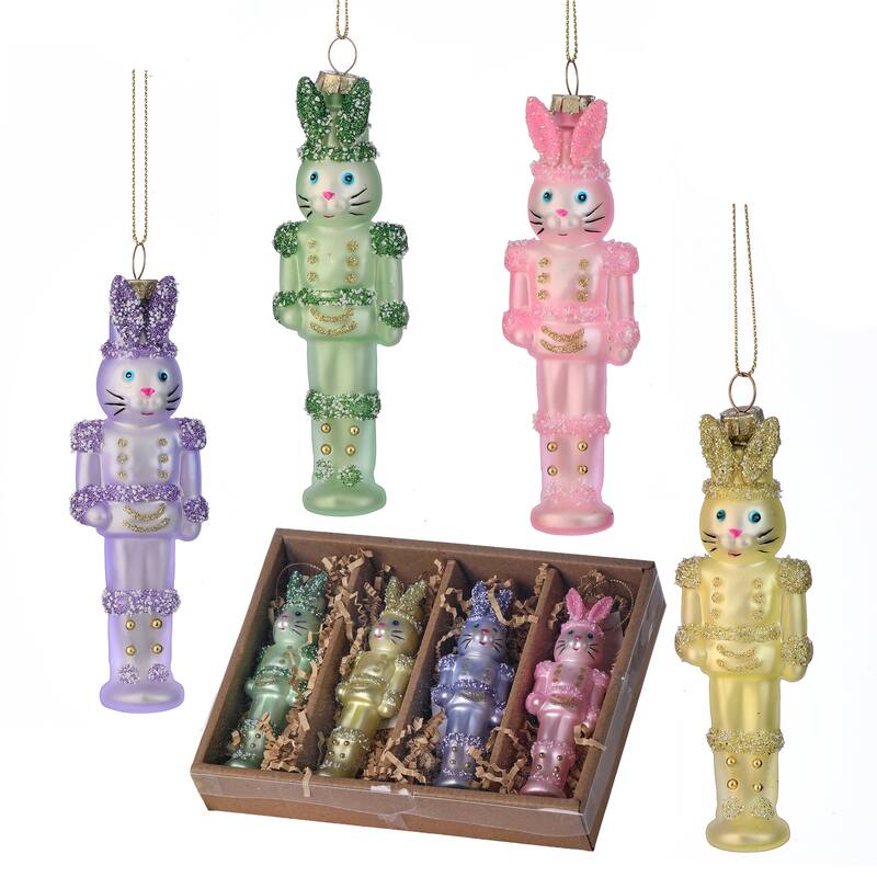 4.5" Glass Bunny Soldier Ornament Box of 4