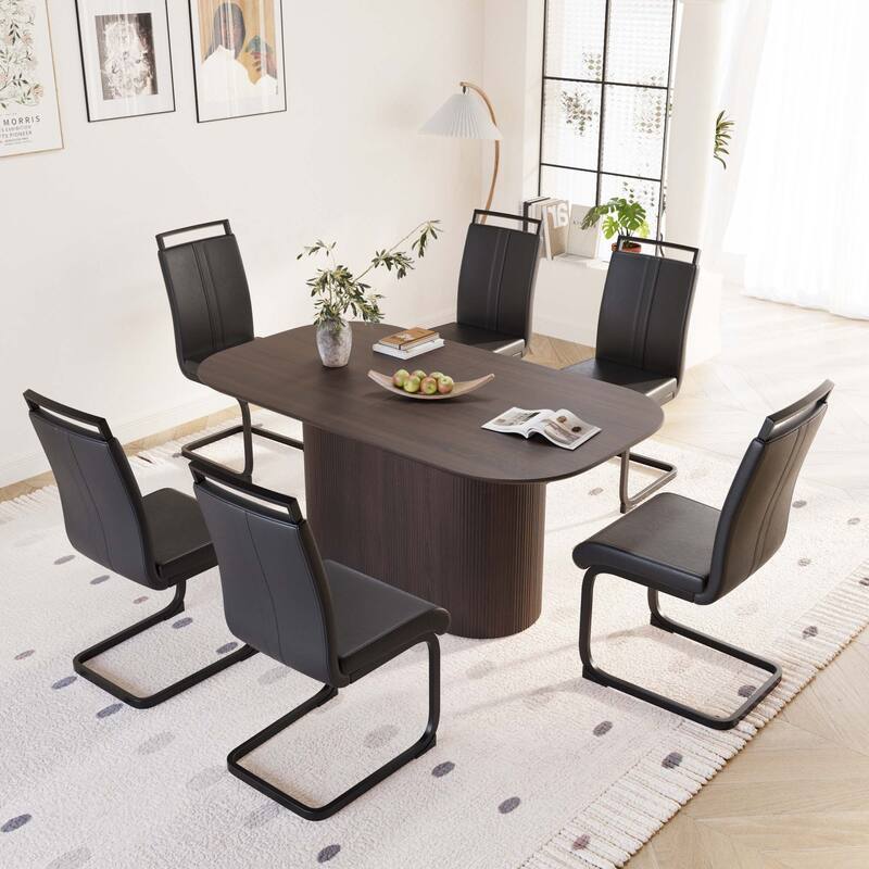 7-Piece Modern Dining Table Set, Kitchen Table Set with 6 Armless Leather Chairs & C-shaped Base for Dining Room