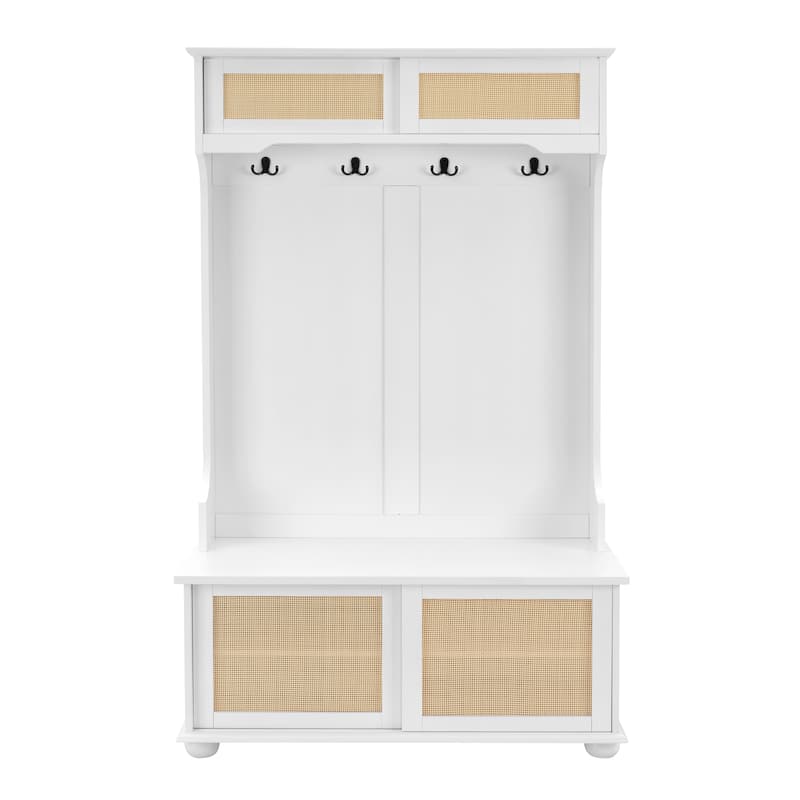 Hall Tree Storage Bench with Rattan Door, Shoe Bench with Adjustable Shelf