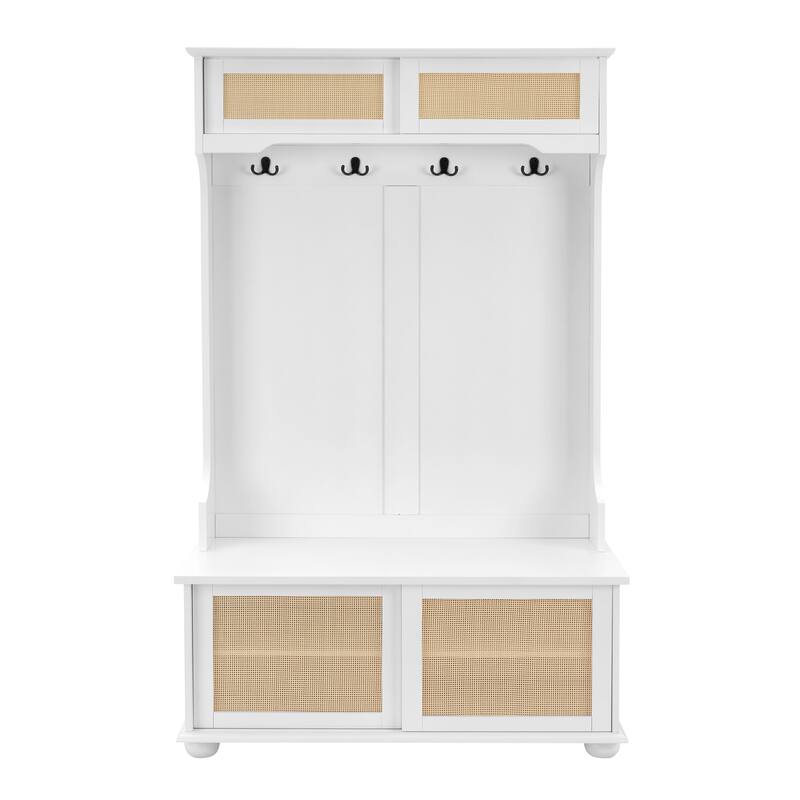 Modern Rattan Door Coat Rack Entryway Storage Bench with Shoe Storage Compartments and Open Shelves