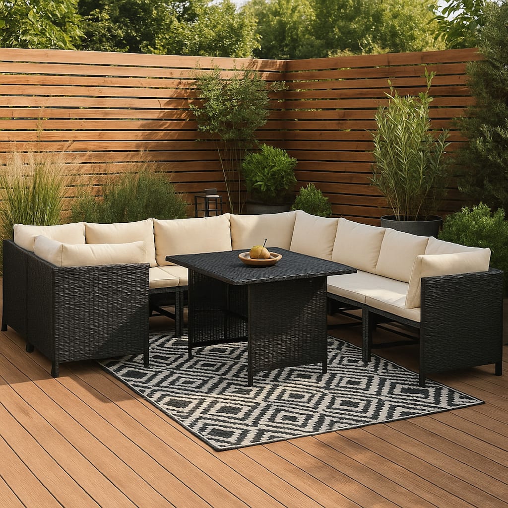 Nilo 9pc Outdoor Modular Corner Sofa Set w Dining Table, Black Rattan - Black, Cream White