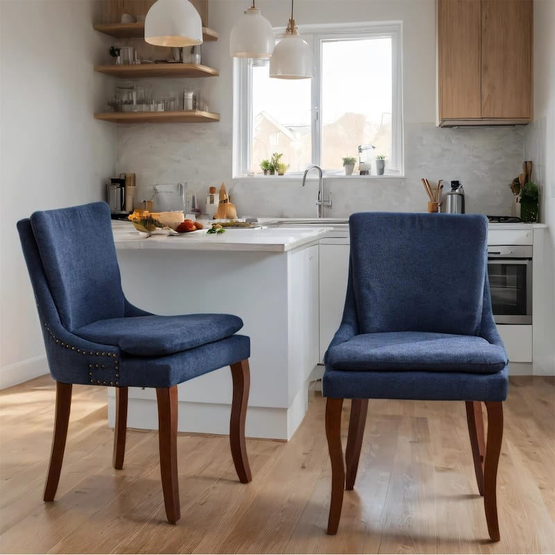 Chenille Fabric Upholstered Dining Chairs w/ Solid Wood Legs(Set of 2) - Blue
