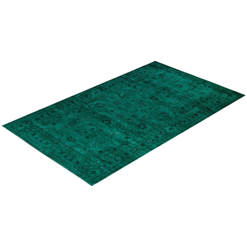 Overton Handknotted Wool Vintage Inspired Contemporary Overdyed Green Area Rug - 13' 10" x 8' 2"