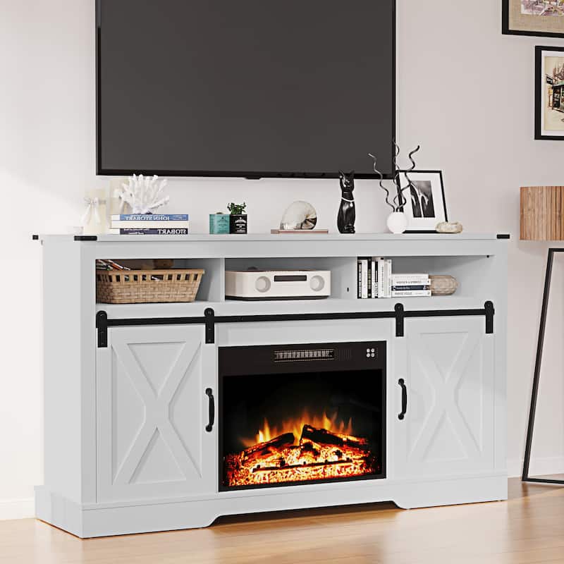 Farmhouse Media Console TV Stand with Fireplace for TVs Up To 70" - White