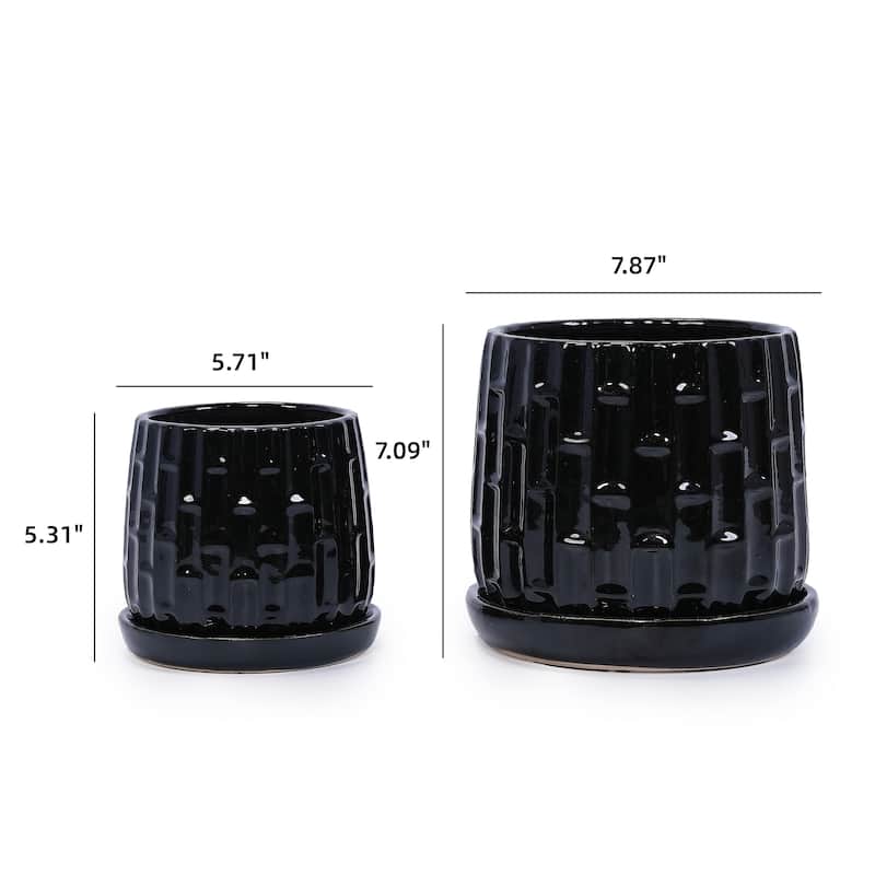 Set of 2 Handmade Ceramic Planters, Includes Saucers, Vertical Ribbed