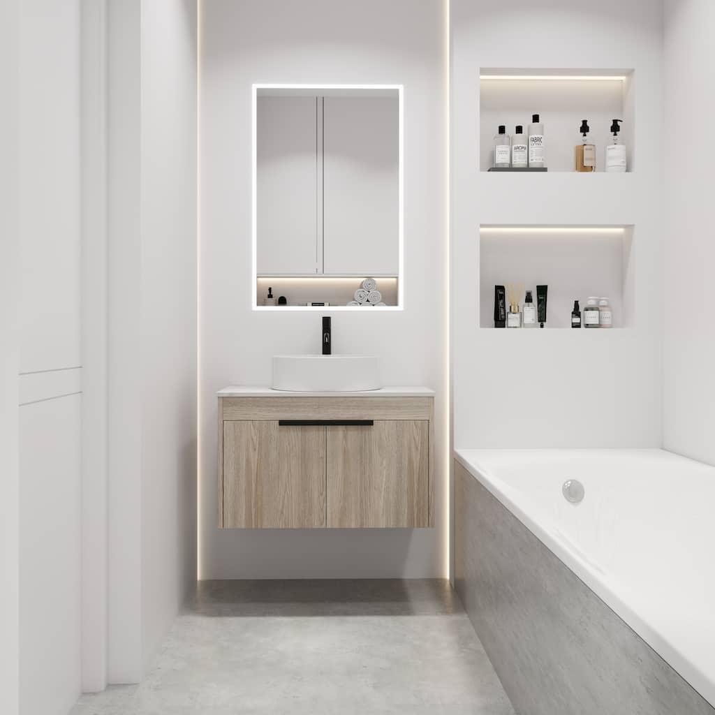 30 " Modern Design Float Bathroom Vanity With Ceramic Basin Set, Wall Mounted White Oak Vanity With Soft Close Door