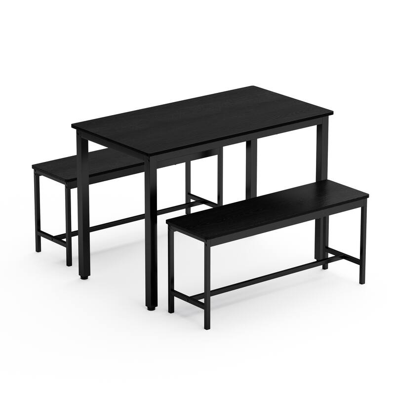 Anmytek 3 Piece Dining Table Set with 2 Benches Black Wood Grain Metal Frame Compact Rectangular Kitchen Table Set