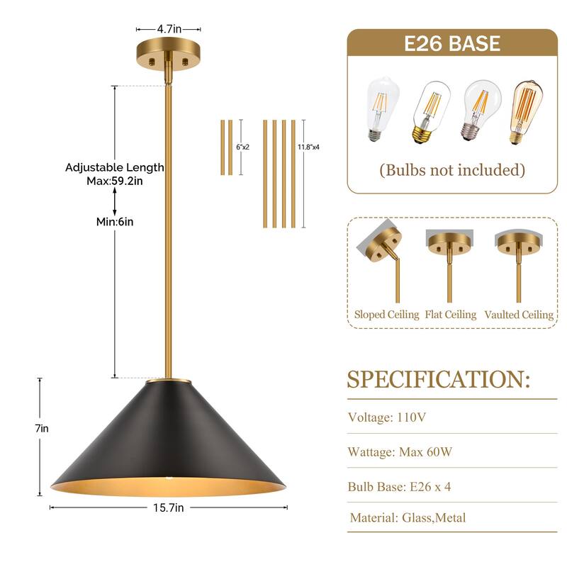 LamQee 1 -Light Metal Cone Pendant Light Adjustable Hanging Lighting - 15.7inch