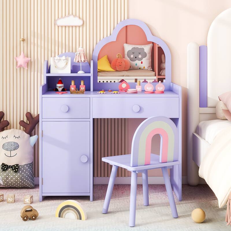 Children's Vanity Table and Stool Set with Mirror and Drawers Cabinet for Bedroom or Playroom - 31.5" x 16" x 38.5" (L x W x H) - Purple