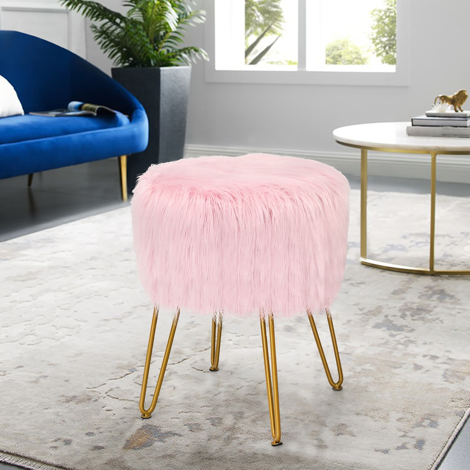 Round Stuffed Pouf Ottoman Faux Fur Ottoman Foot Rest Under Desk