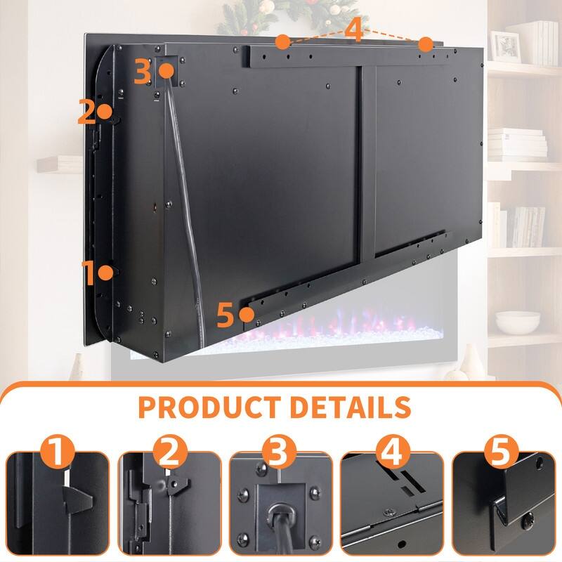 36 in. Wall Mounted Recess Ultra Thin Electric Fireplace with Tempered Glass Front in Black,Remote,1400W/5000BTU