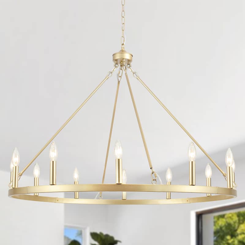 12-light Rustic Farmhouse Wagon Wheel Chandelier for Living Room - W37.99" x H90.55" - N/A - Spray Gold