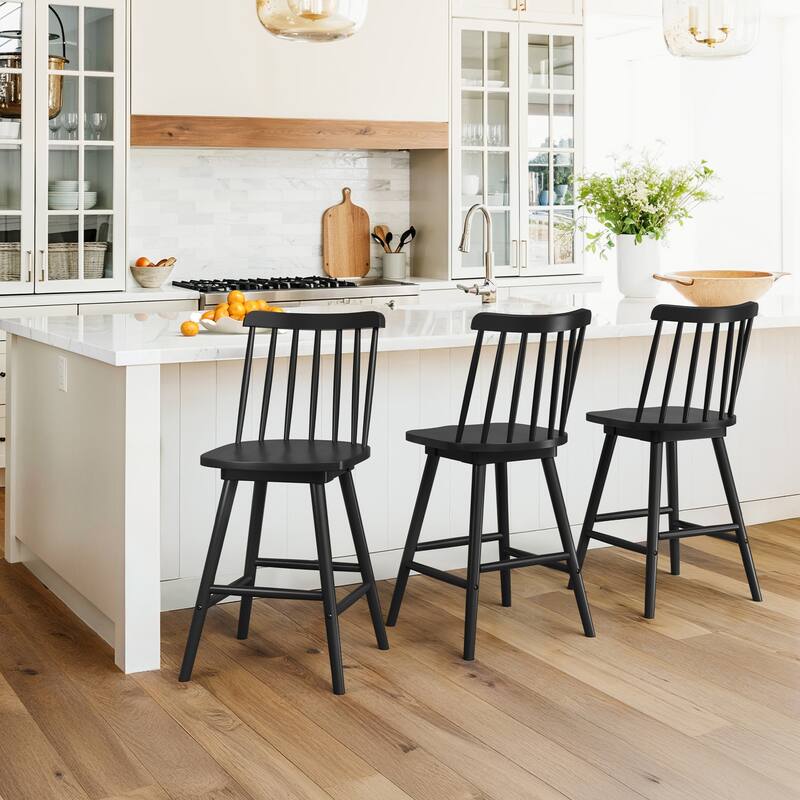 Modern 24″ Windsor Swivel Wooden Counter Height Bar Stool with Ergonomic Back - Black - Set of 3