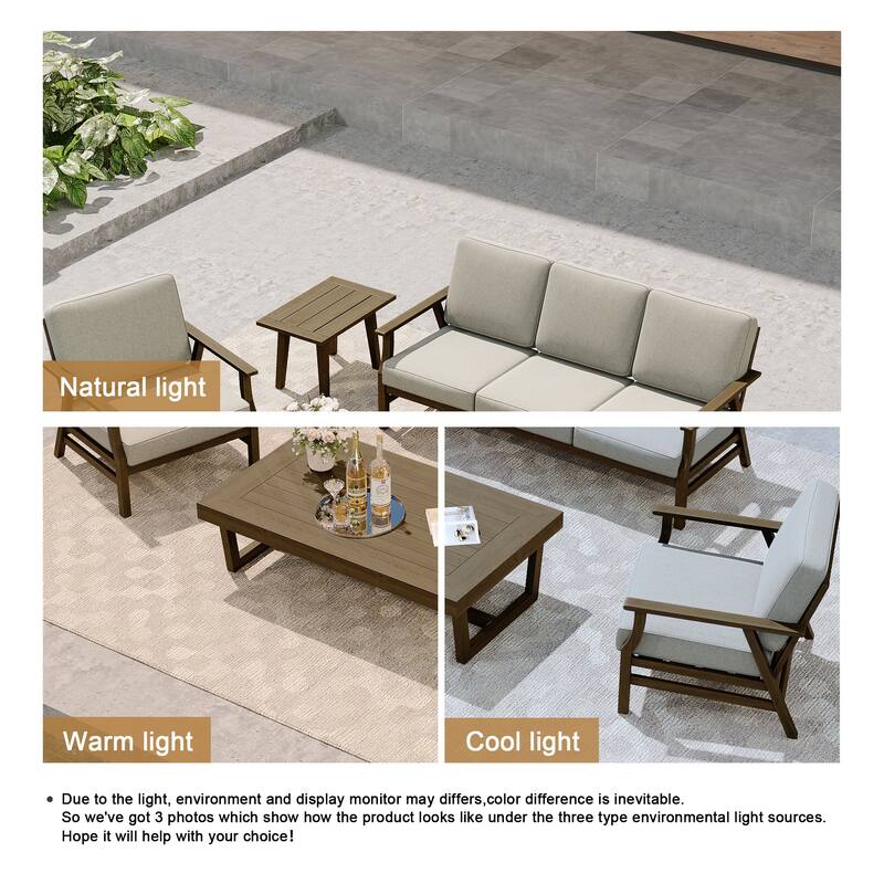 Modern Wood Cushioned Outdoor Patio Sofa Loveseat with Coffee Table