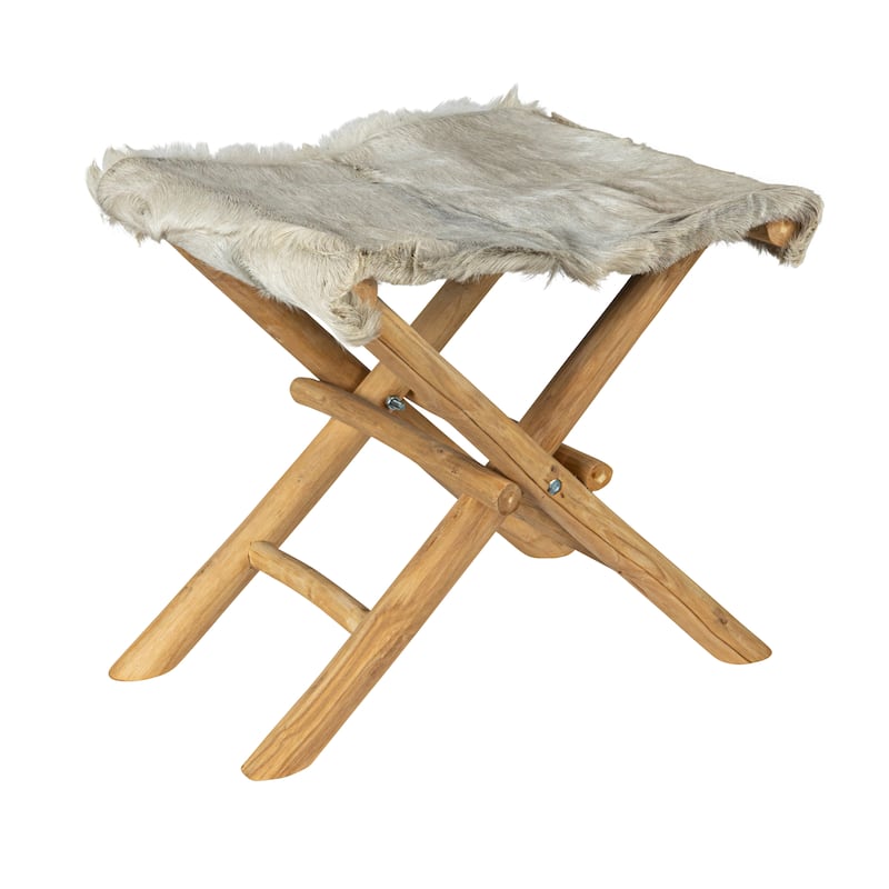 Teakwood and Goat Fur Folding Stool