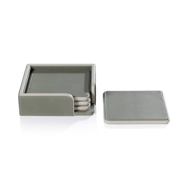 Nappa Leather 4-Piece Coaster Set on Tray - Sage & Gray