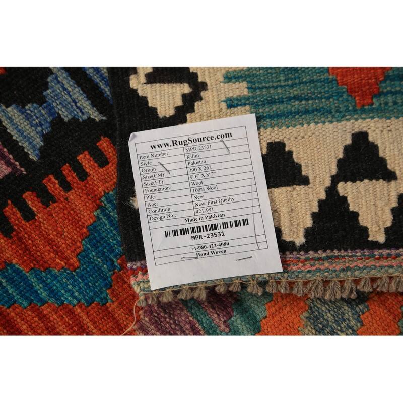 Orange Nomadic Kilim Oriental Area Rug Flatweave Wool Carpet - 8'7"x 9'6"
