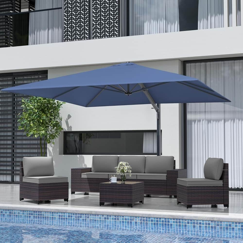 Outdoor Patio Furniture Set, Conversation set with 12FT Patio Umbrella in Navy Blue and Side Table