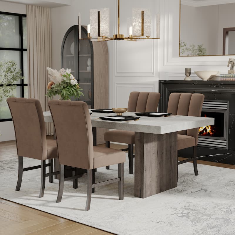 Roundhill Furniture Sorlen 5-Piece Dining Set, 3D Faux Concrete Table with 4 Chocolate Fabric Chairs